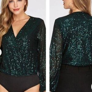 NWT Rachel Zoe Sequins Sparkle Bodysuit, Emerald Green